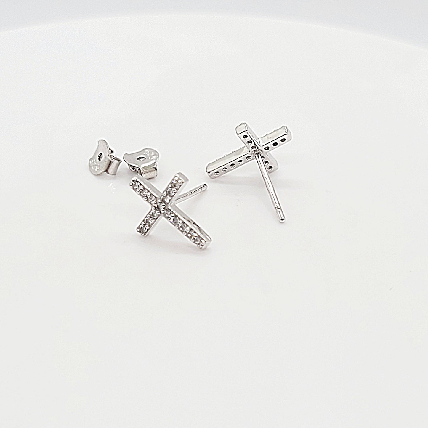 .925 Sterling Silver Cross Stud Earrings with CZ