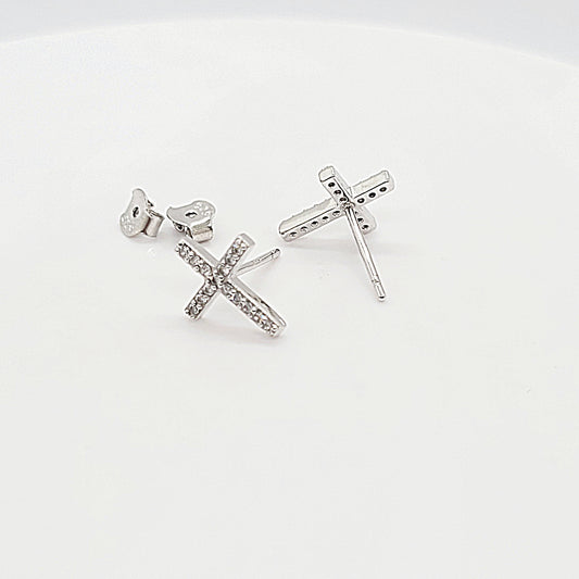 .925 Sterling Silver Cross Stud Earrings with CZ