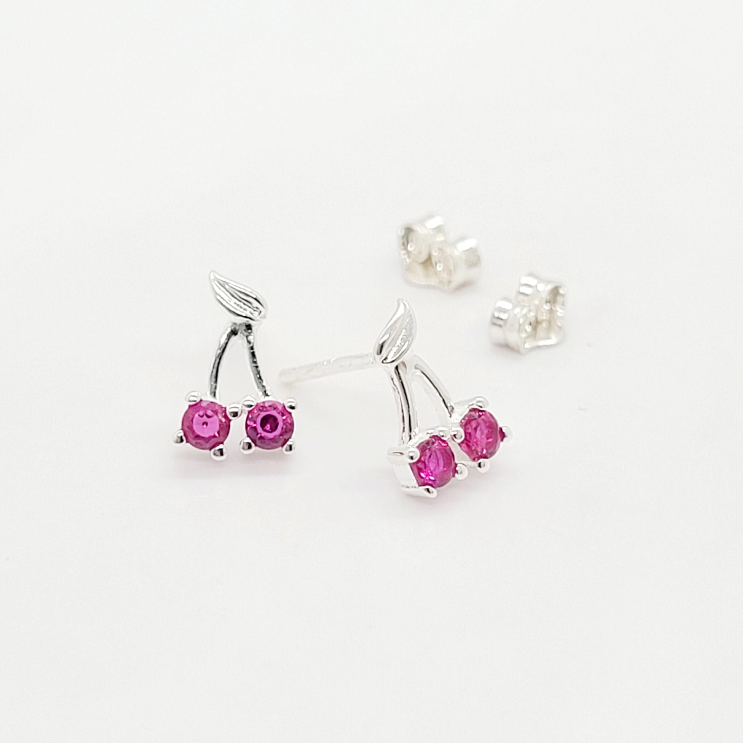 .925 Sterling Silver 2 Cherry Stud Earrings with CZ