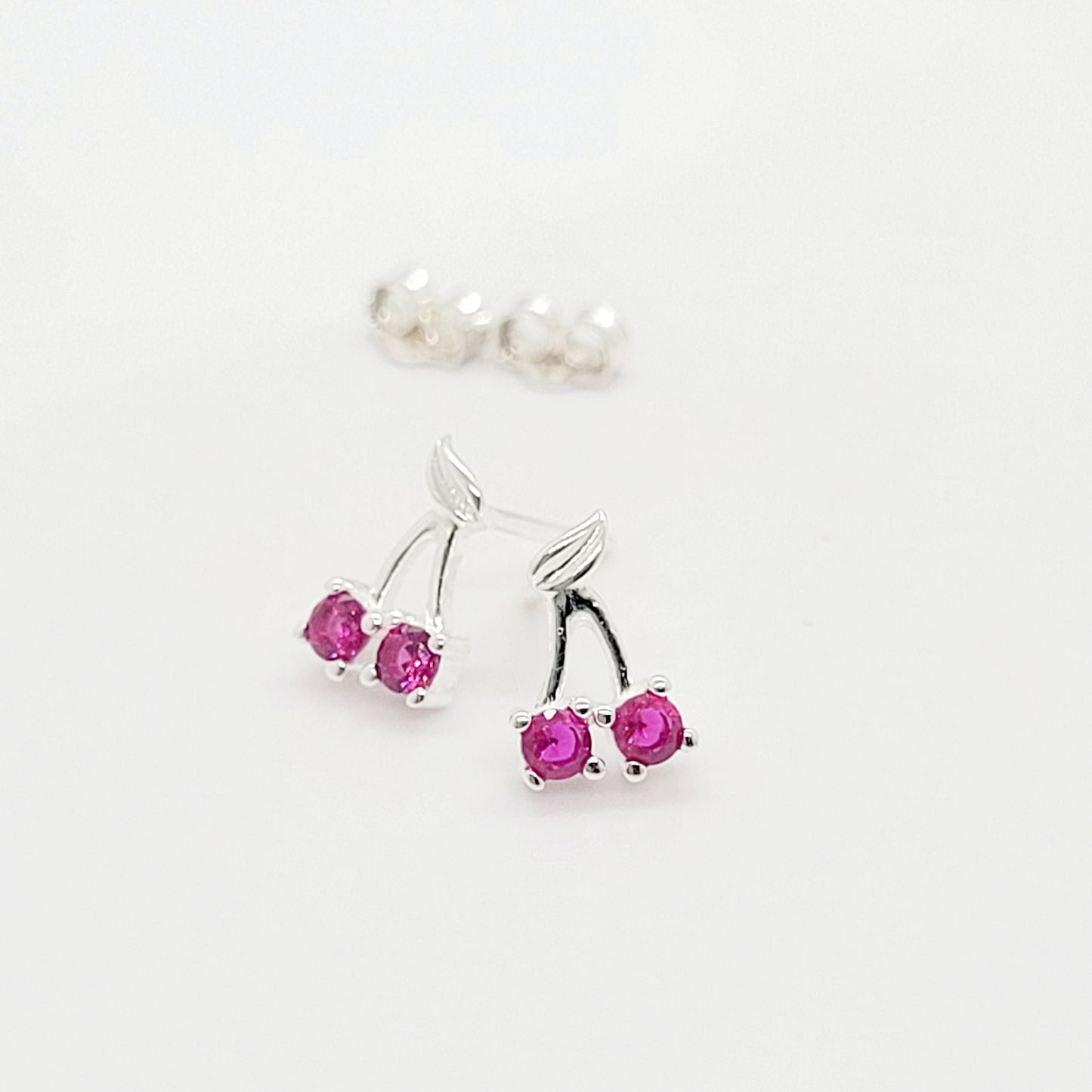 .925 Sterling Silver 2 Cherry Stud Earrings with CZ