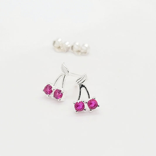 .925 Sterling Silver 2 Cherry Stud Earrings with CZ