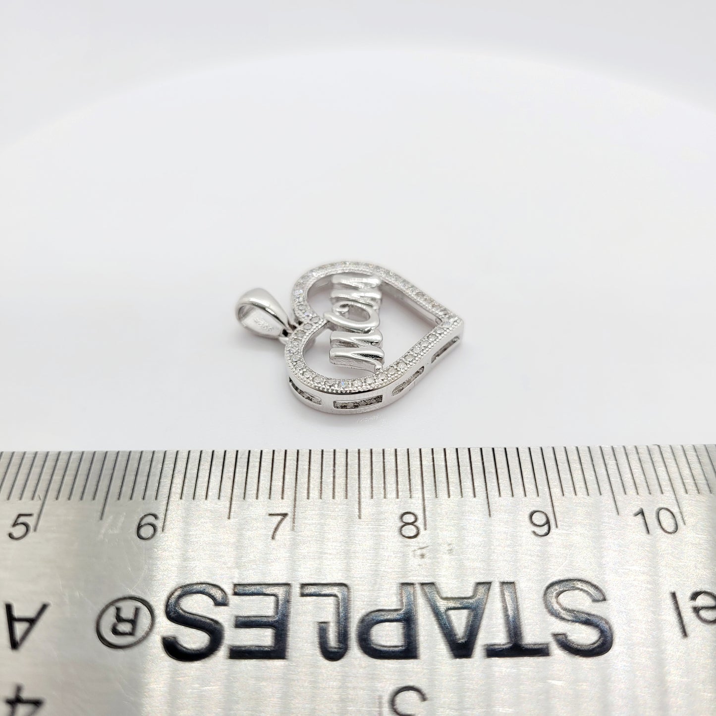 .925 Sterling Silver Heart MOM Pendant with CZ