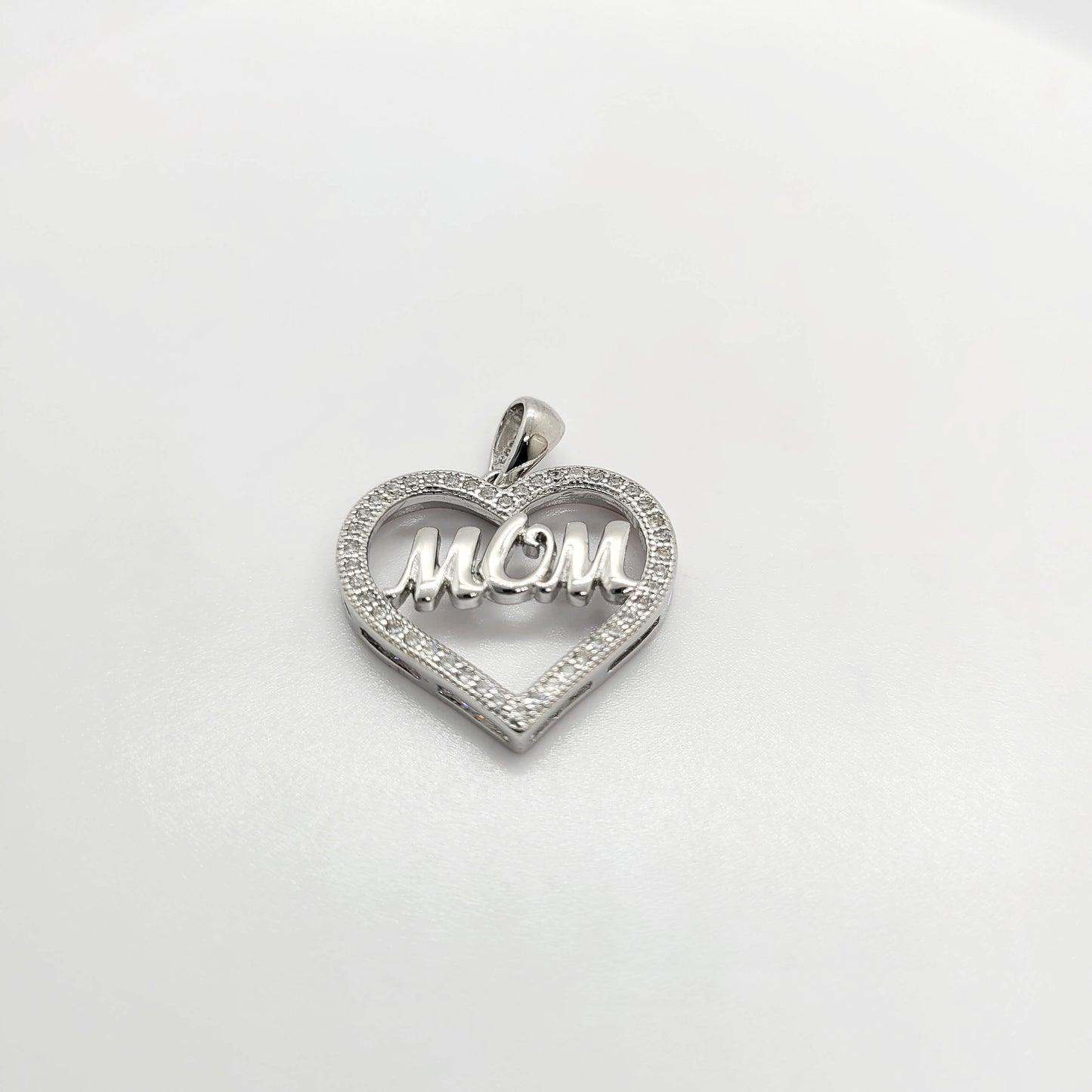 .925 Sterling Silver Heart MOM Pendant with CZ