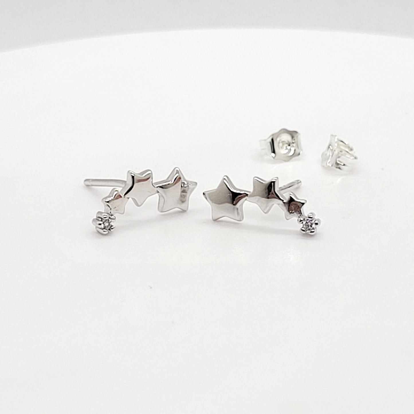 .925 Sterling Silver 3 Star with CZ Stud Earrings