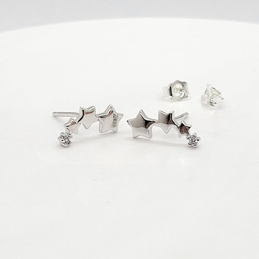 .925 Sterling Silver 3 Star with CZ Stud Earrings